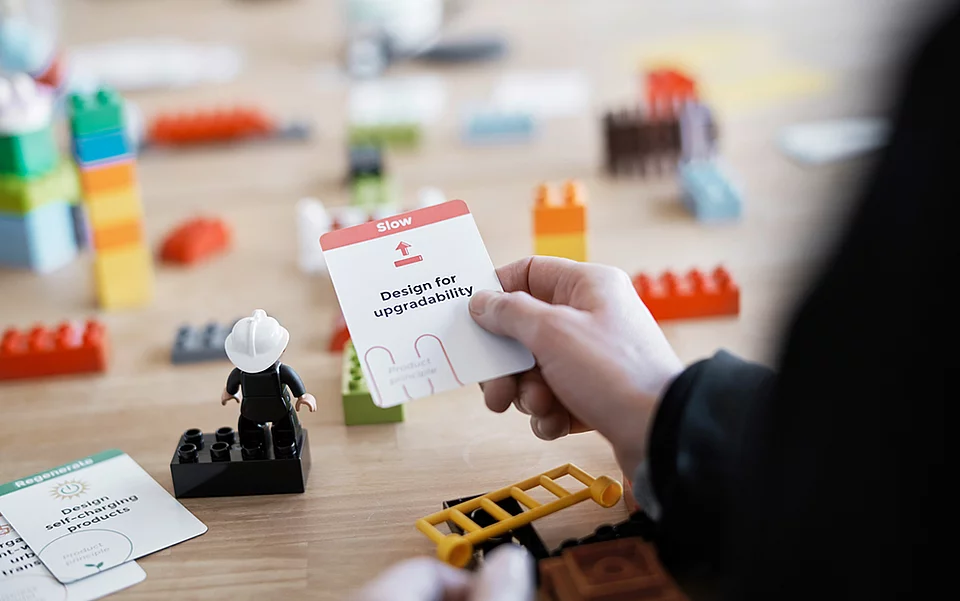 Hand hält eine Workshop-Karte mit der Aufschrift "Design for upgradability", im Hintergrund Bausteine und eine Spielfigur mit Bauhelm auf einem Tisch
