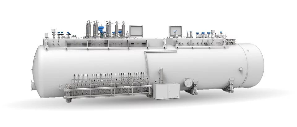 3D-Rendering eines grossen Colt Box von eine rWasserstoffverlüssigungsanlagen Rohrleitungen, Ventilen und Bedienelementen